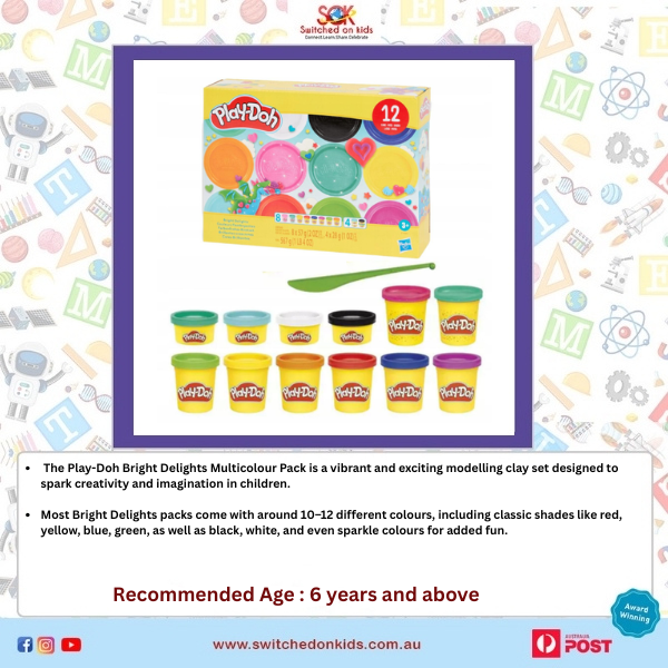 Specially created for curious young learners , this kit combines chemistry, light, and creativity to make science both fun and unforgettable. (13) Play-Doh Bright Delights Multicolour Pack